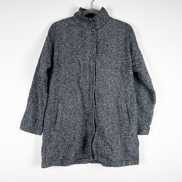 NEW Eileen Fisher Organic Cotton Woven Stand Collar Long Jacket Coat Black White - Picture 1 of 4